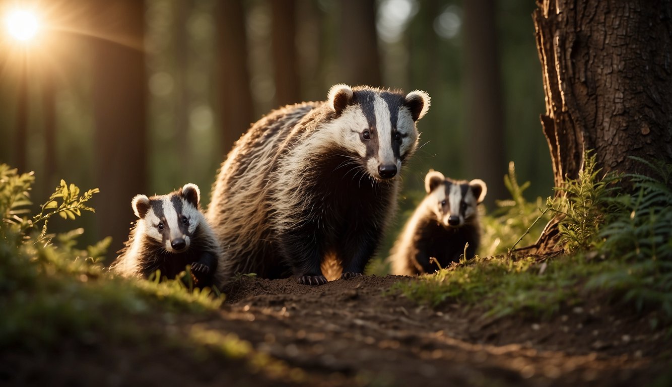 A family of badgers digs deep burrows in the forest, surrounded by tall trees and lush greenery.

The sun sets in the background, casting a warm glow over the peaceful scene