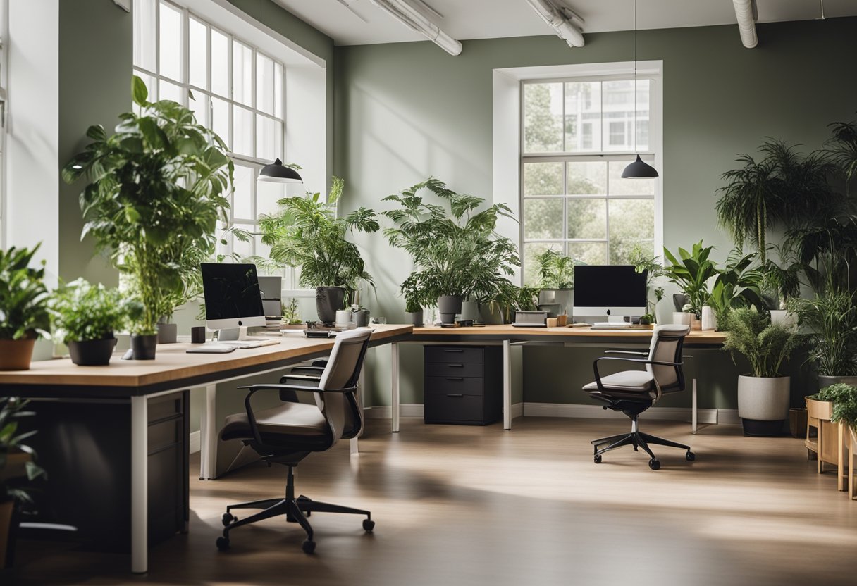 A spacious, well-lit office with ergonomic furniture and a clutter-free desk. A large window allows natural light to flood the room, and plants add a touch of greenery