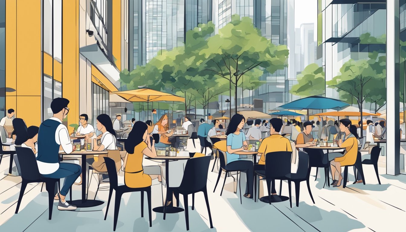 Customers enjoying meals at outdoor tables in Raffles Place. A mix of modern and traditional restaurants line the street, with bustling lunchtime activity