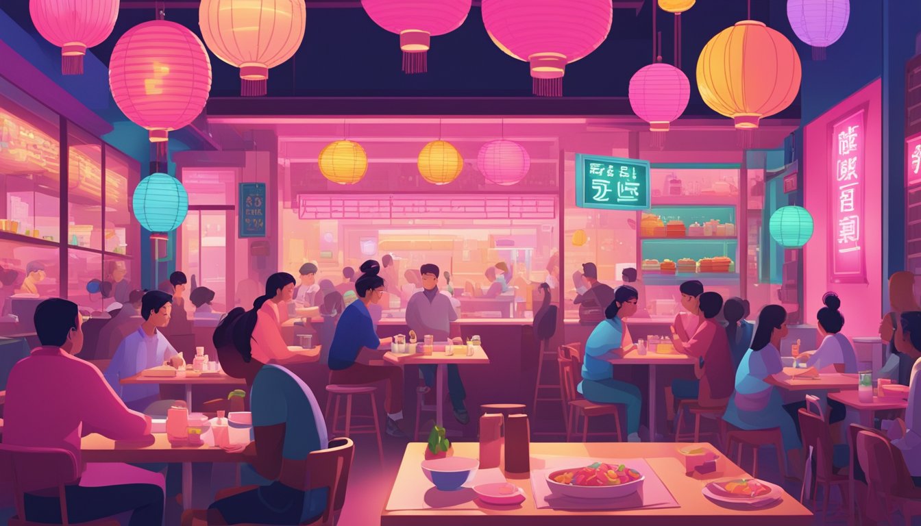 A bustling pink candy-themed Korean restaurant with a sign reading "Frequently Asked Questions" in neon lights, surrounded by colorful paper lanterns and customers enjoying their meals