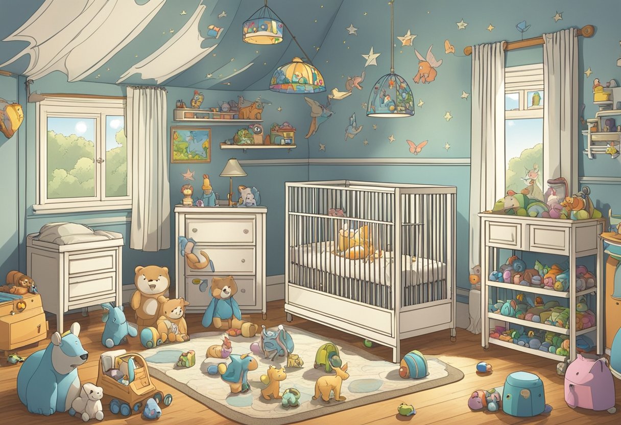 A small room with toys scattered on the floor, a crib with the name "Jayden" on it, and a mobile hanging above with colorful animals