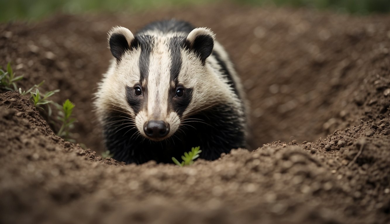 A badger digs a deep burrow in the earth, creating a network of tunnels and chambers underground.

The badger is surrounded by dirt and roots as it works tirelessly to create its cozy home