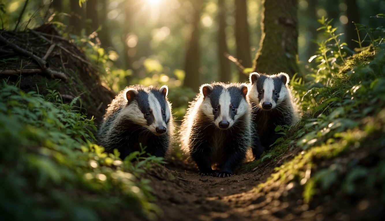 Badgers dig burrows in a lush, green forest, coexisting with other woodland creatures.

The sun casts dappled light through the trees, illuminating the intricate network of tunnels and chambers created by the industrious badgers