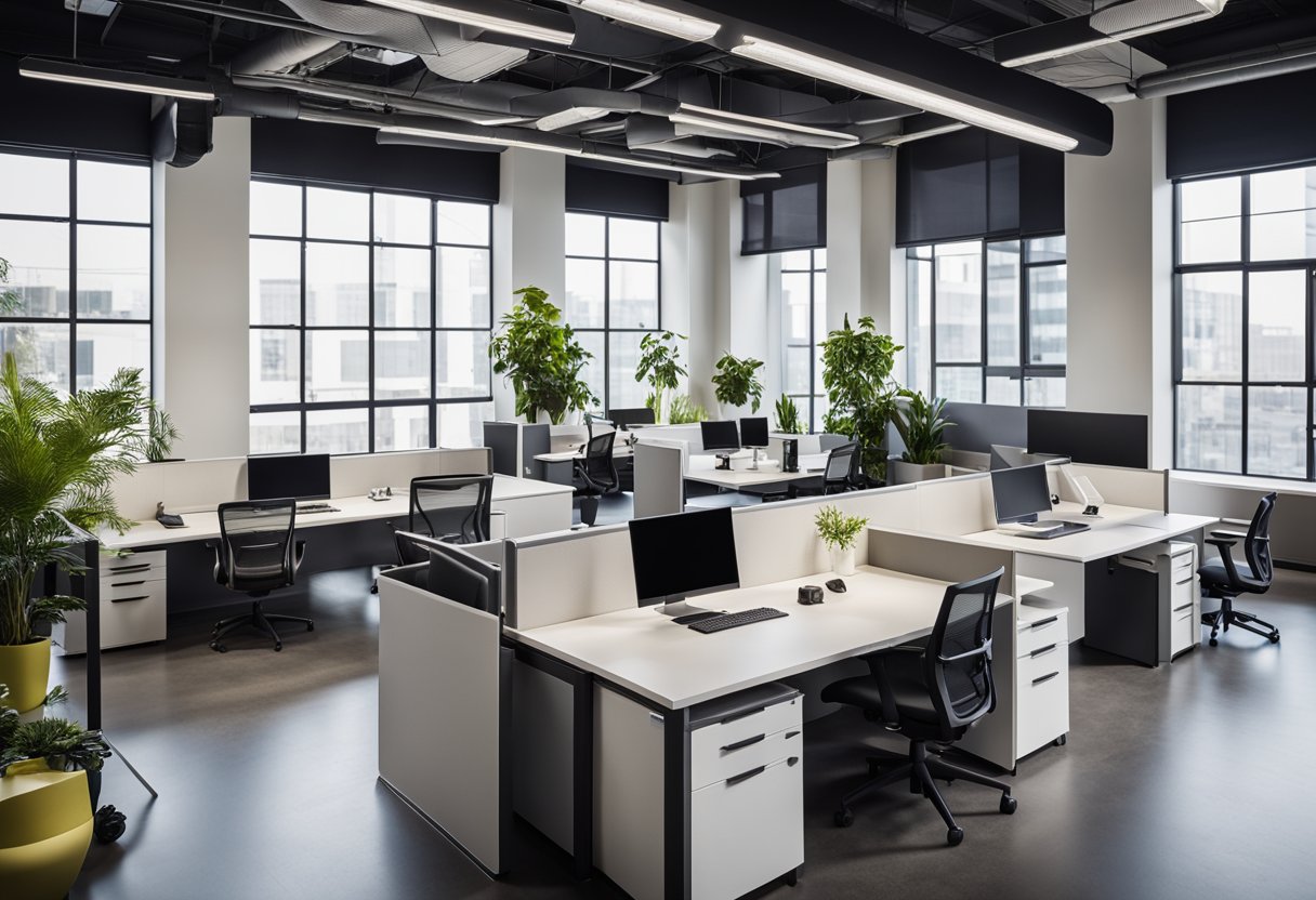 A modern office with organized workstations, ergonomic chairs, and ample natural light. A sleek design with a mix of open collaborative spaces and private areas for focused work