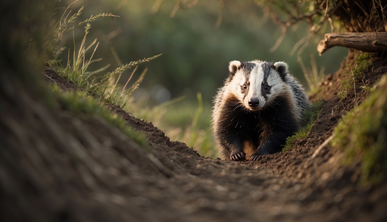 A badger digs a deep burrow, surrounded by earth and roots.

The entrance is wide, with a worn path leading in