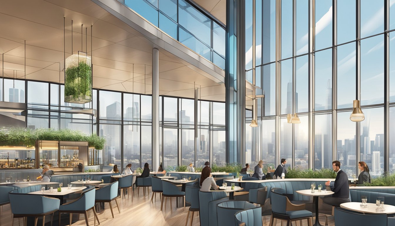 The duo tower restaurant stands tall against the city skyline, with modern architecture and a sleek, glass exterior. The surrounding area is bustling with activity, as diners enjoy the view from the top