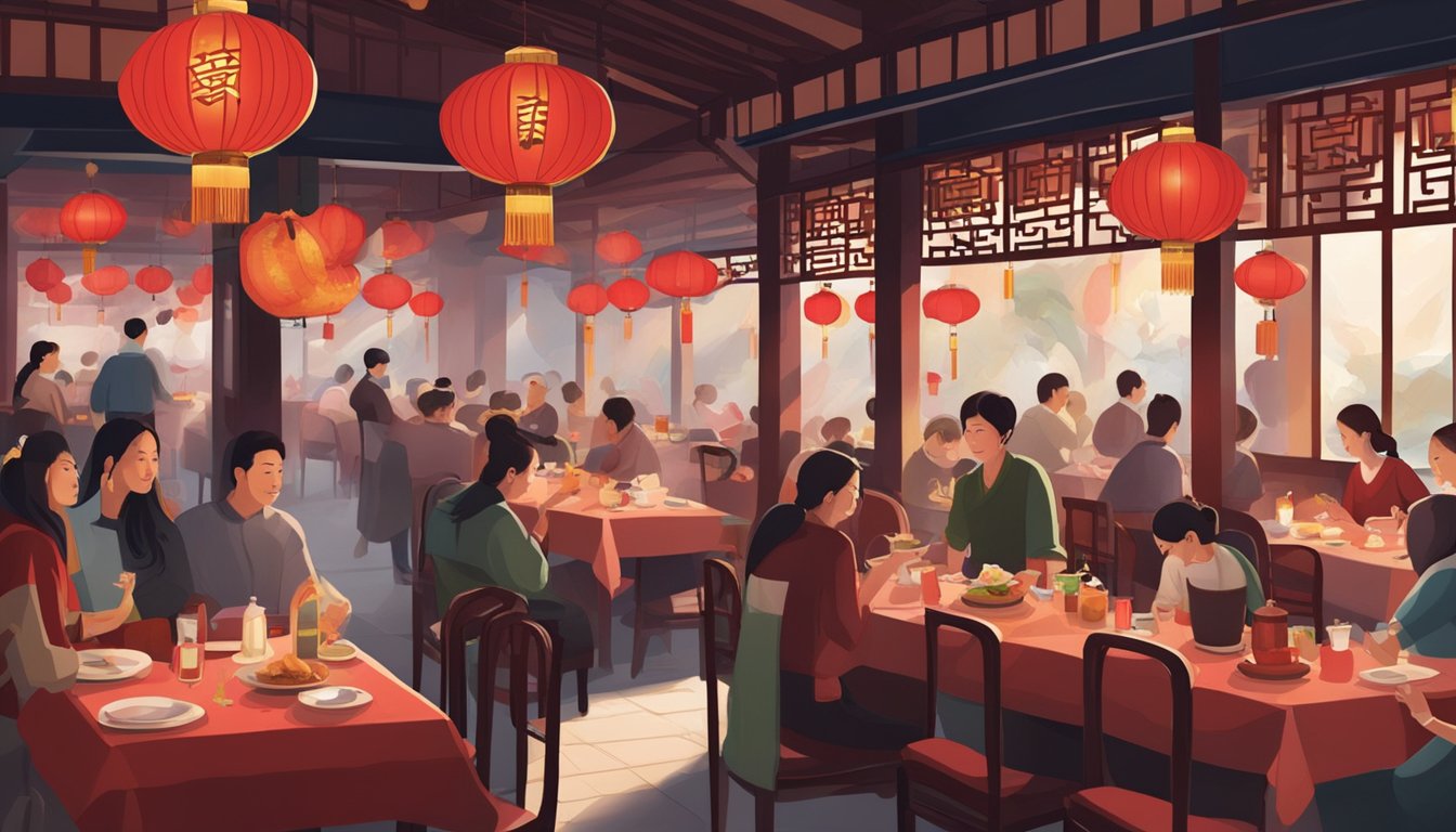 The bustling restaurant is adorned with red lanterns and traditional Chinese decor. Aromatic smoke wafts from the kitchen as diners enjoy their meals