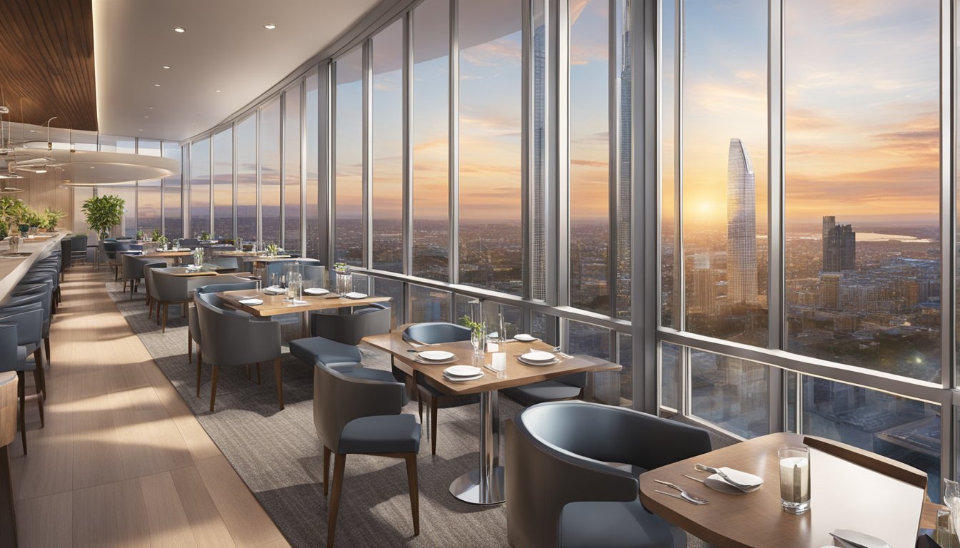 The duo tower restaurant at Visitor Information features a modern, sleek design with floor-to-ceiling windows overlooking a bustling cityscape