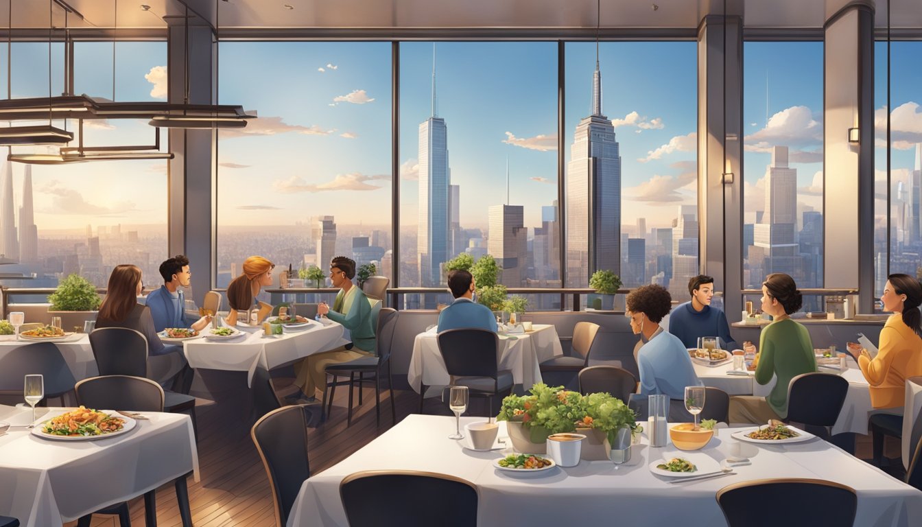 A bustling restaurant atop a towering building, with a panoramic view of the city skyline. Customers enjoy their meals while staff attend to their needs