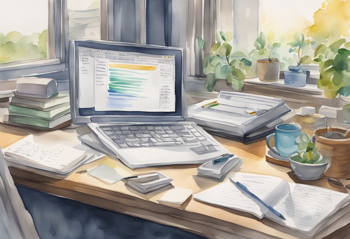 A computer screen displaying various alternative writing platforms to Textbroker. A desk cluttered with notebooks and pens. A window with natural light streaming in