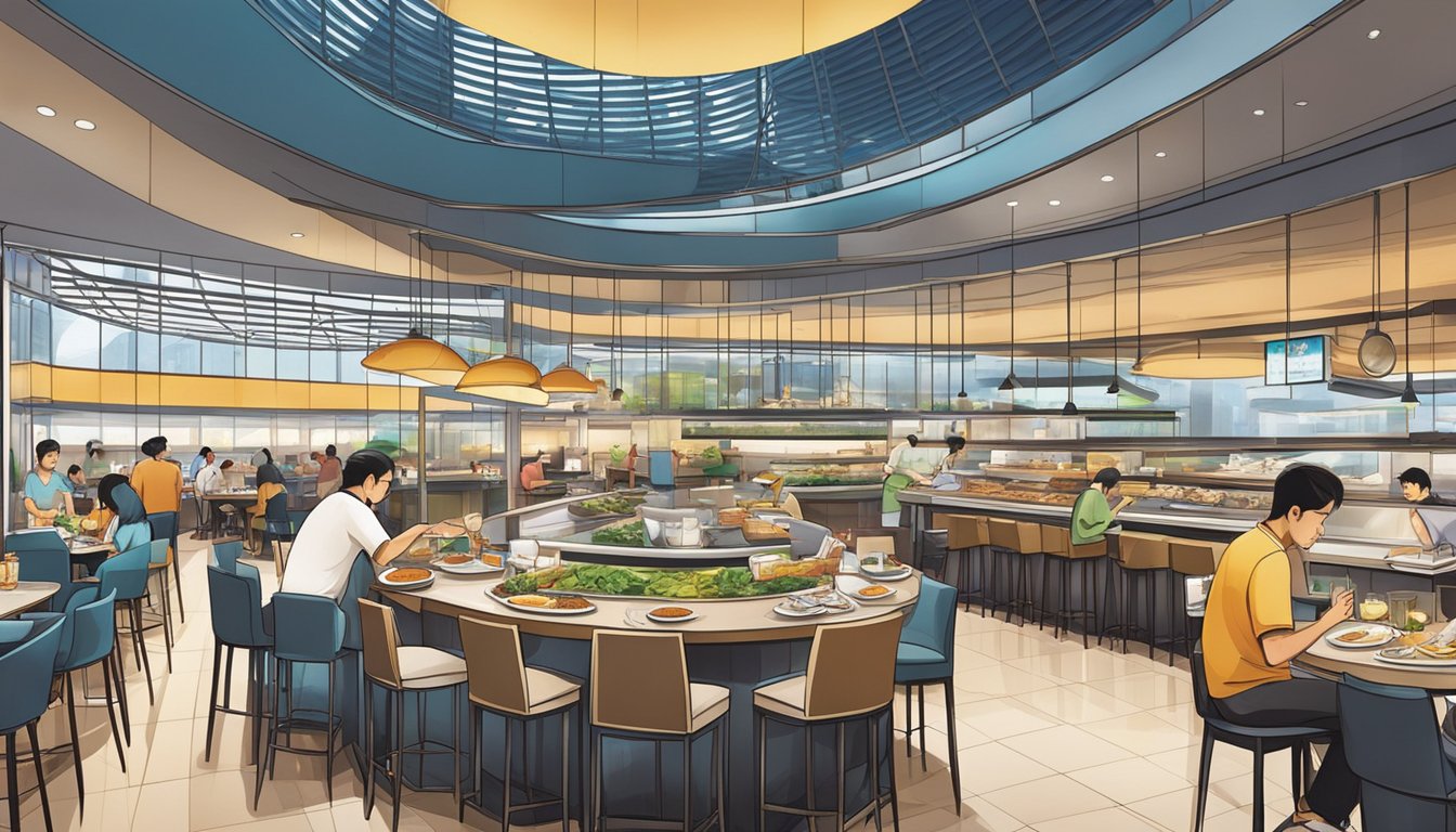 The bustling Marina Bay Link Mall is filled with a variety of mouthwatering culinary delights, from sizzling hot grills to fragrant noodle dishes, all set against a backdrop of sleek modern architecture
