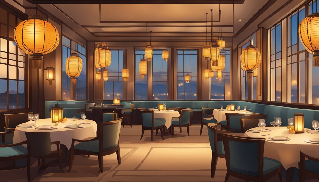 The warm glow of lanterns illuminates the elegant interior of Raya's Ambiance restaurant, casting a soft and inviting ambiance over the tables and decor