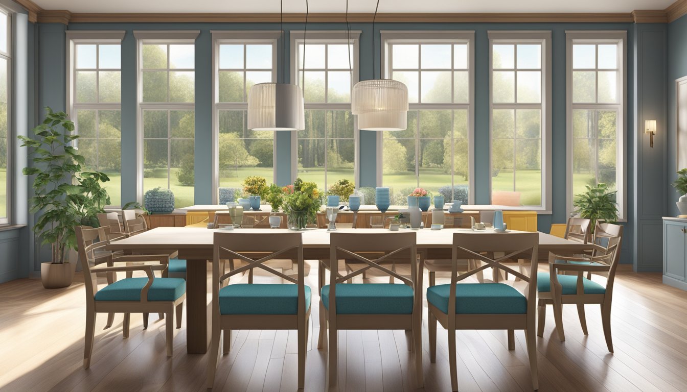 A long table surrounded by chairs in a spacious dining area, with colorful decor and large windows letting in natural light