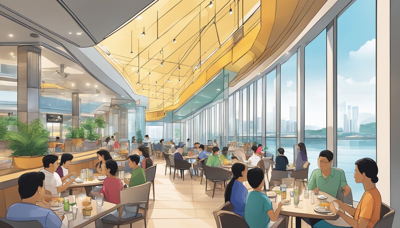 People enjoy dining at Marina Bay Link Mall restaurants. The modern interior and waterfront views create a vibrant and inviting atmosphere
