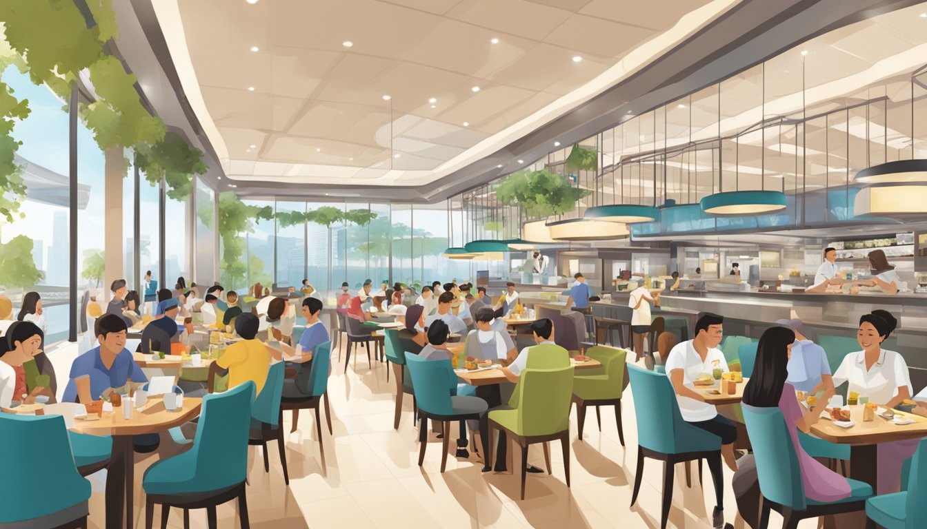 A bustling scene at Marina Bay Link Mall restaurants, with diners enjoying meals and waitstaff serving tables