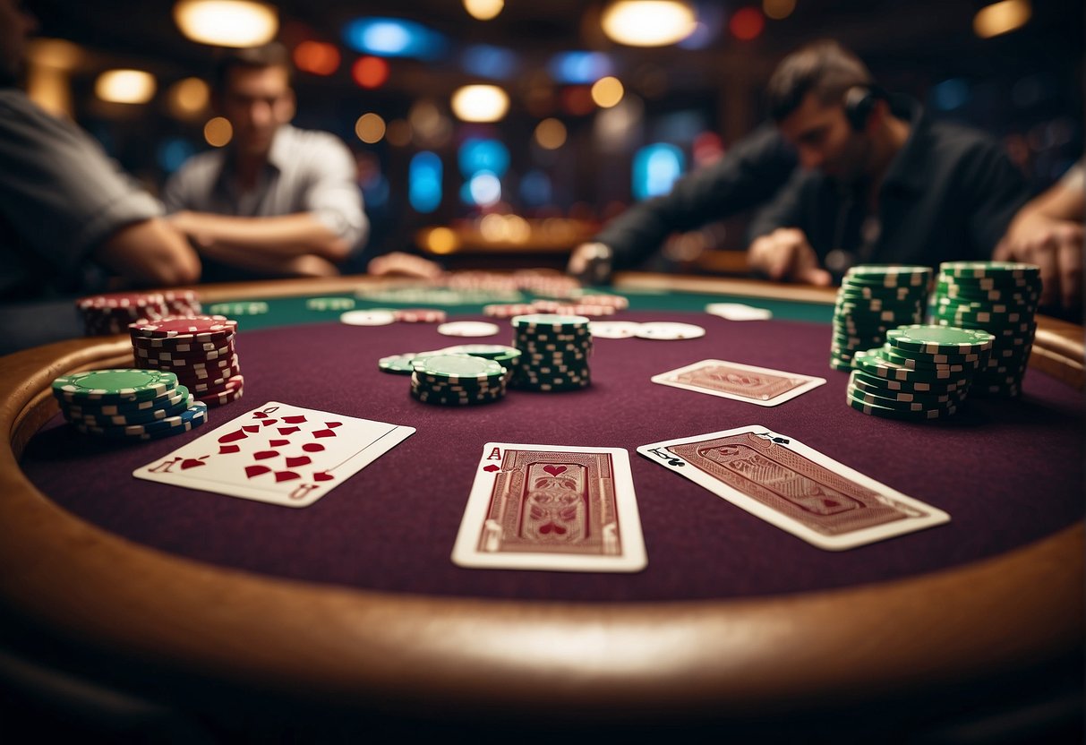 A poker table with chips and cards, surrounded by focused players