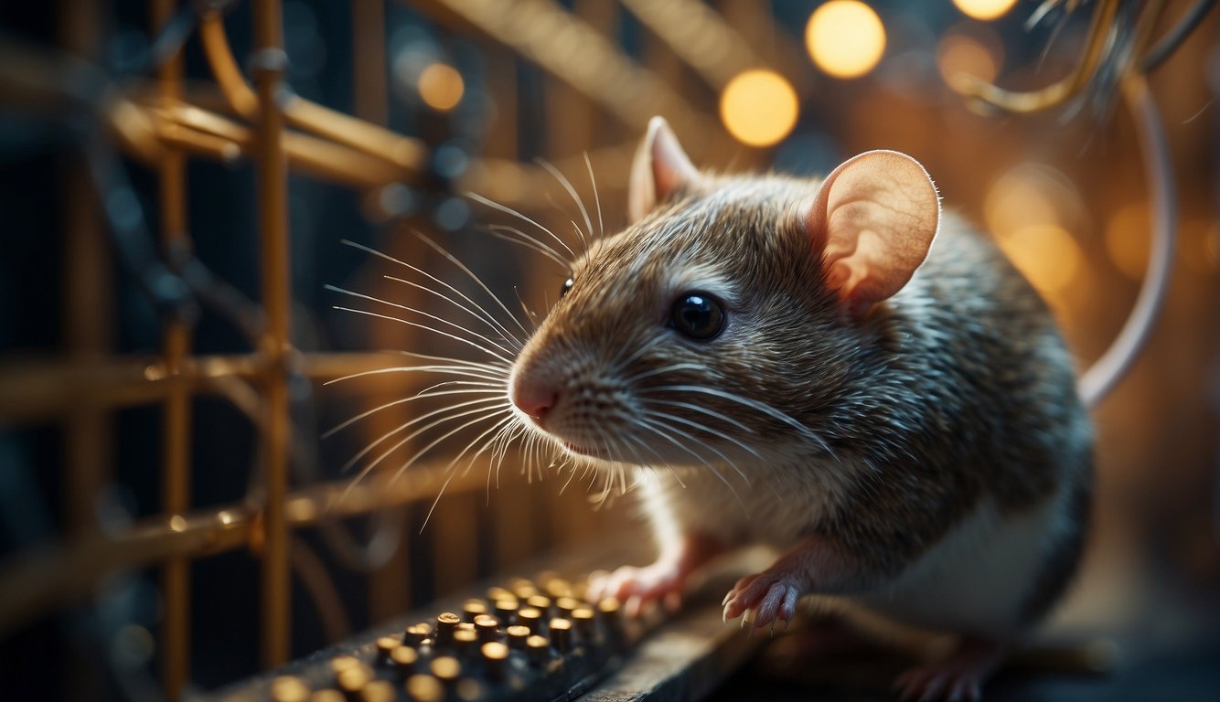 A mouse's whiskers quiver as it delicately navigates through a maze of wires, its brain processing each subtle touch with remarkable sensitivity