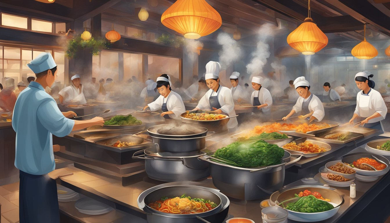 A bustling samfu restaurant with steaming woks, colorful ingredients, and bustling chefs creating delicious dishes