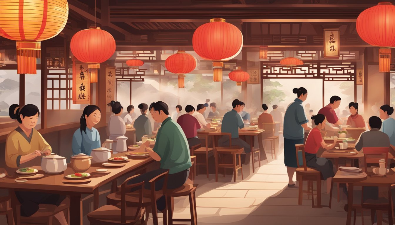 A bustling restaurant with red lanterns, wooden tables, and steaming pots. Patrons enjoy traditional Chinese dishes as chefs work in the open kitchen