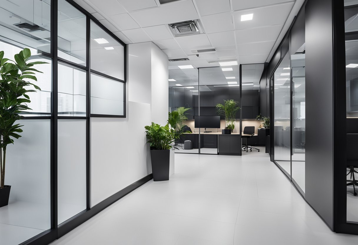 A sleek, modern office space with PVC wall panels featuring various designs. Clean lines, professional atmosphere