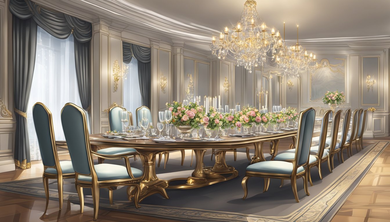 A long, elegant table set with fine china and sparkling glassware, surrounded by luxurious chairs in a spacious, opulent dining room