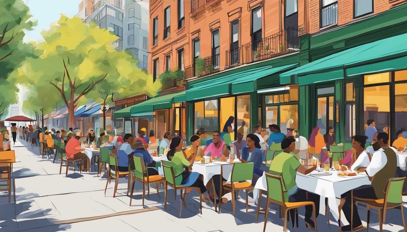 People enjoying outdoor dining at vibrant Sixth Avenue restaurants. A diverse array of cuisines and lively atmosphere