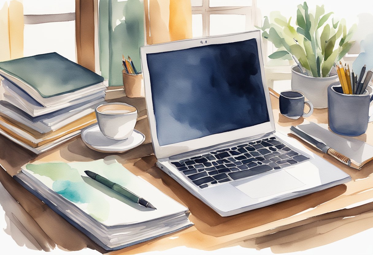 A laptop sits open on a cluttered desk, surrounded by notebooks and pens. A stack of writing guides and reference books sits nearby. The window is open, letting in natural light