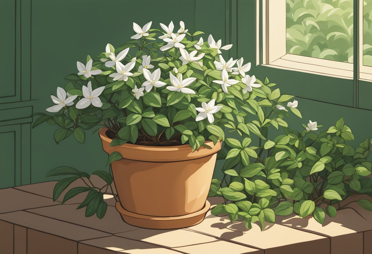 A small, delicate jasmine plant blooms in a terracotta pot, surrounded by lush green leaves and bathed in soft sunlight