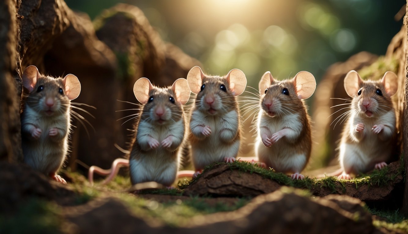 A group of mice exploring a maze, their whiskers twitching and sensing their surroundings with precision and sensitivity