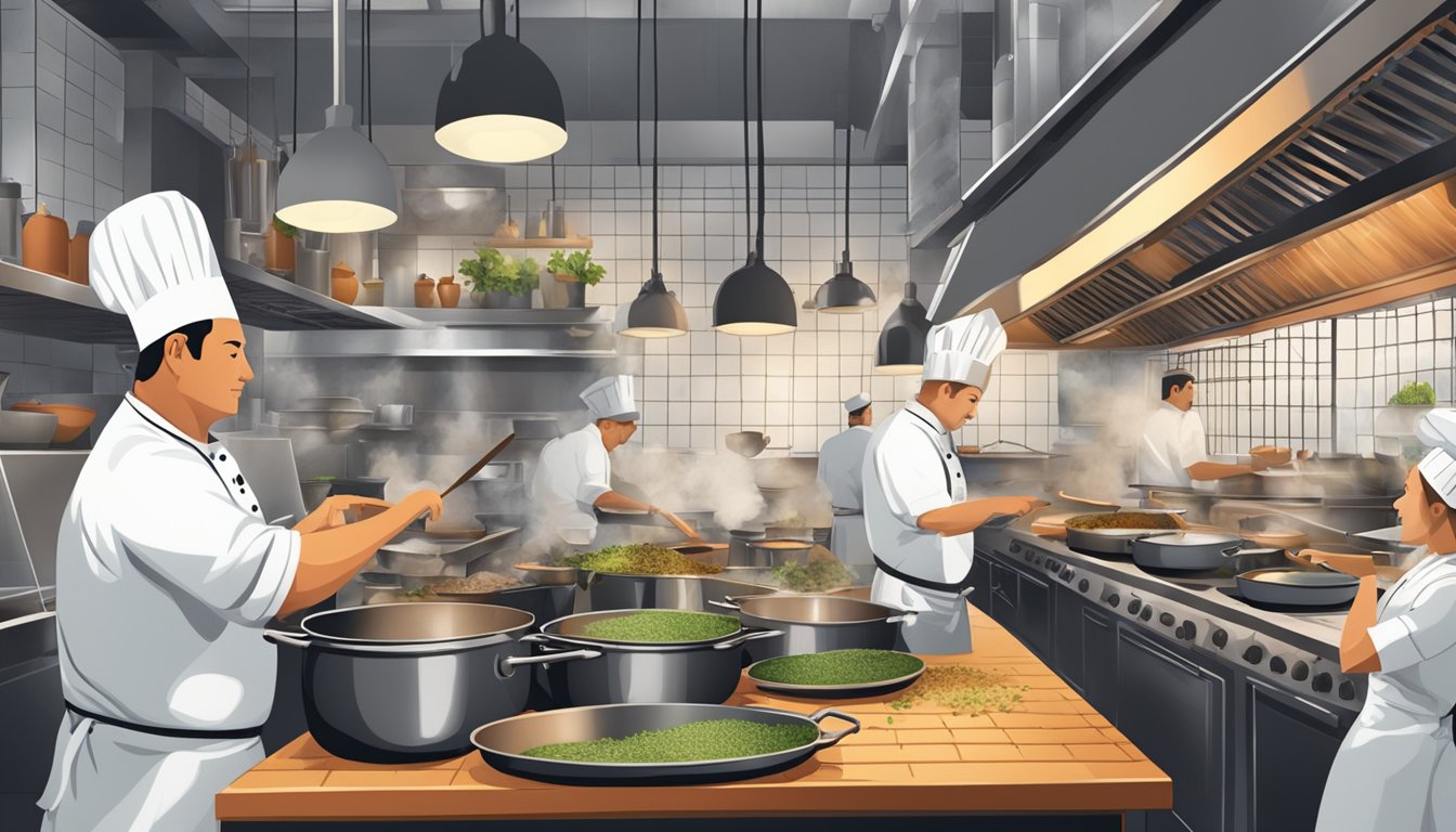 A bustling restaurant kitchen with chefs cooking up a storm, pots bubbling, and aromas of spices and herbs filling the air
