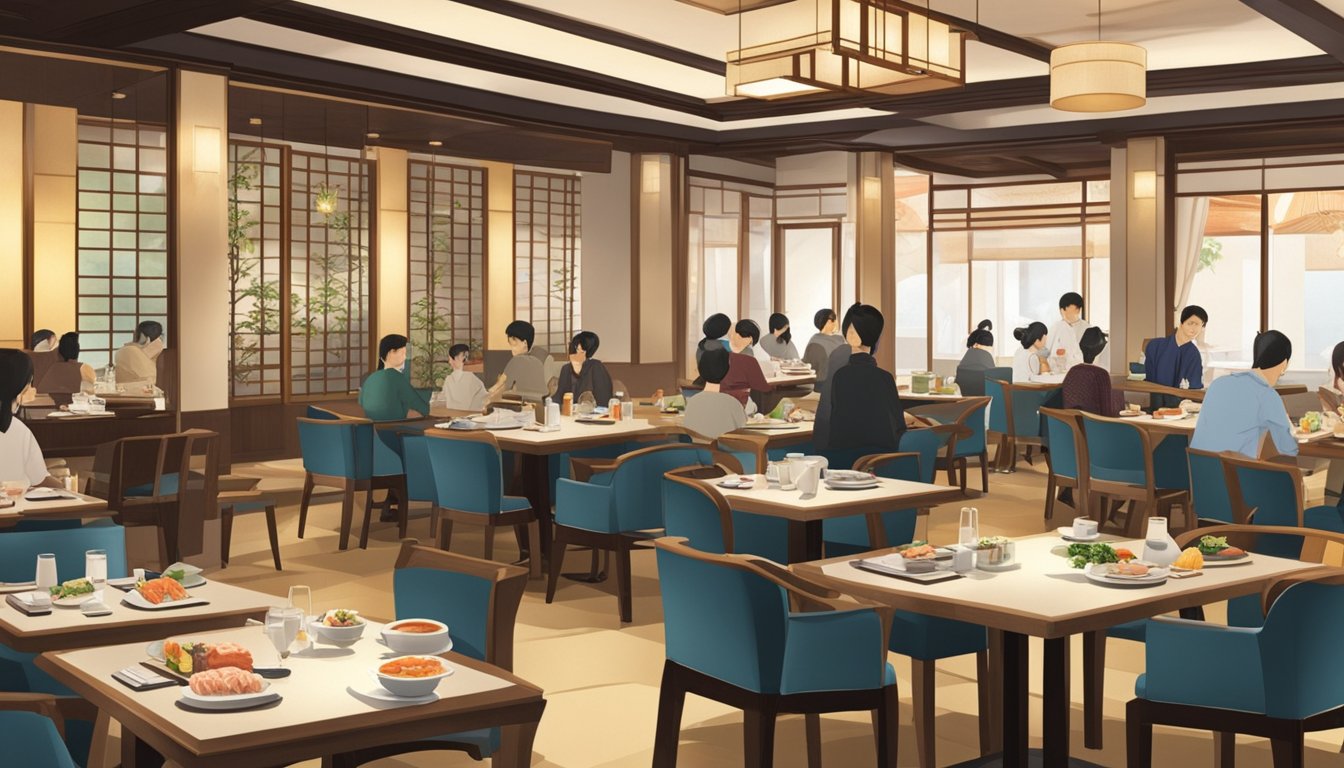 The Japanese restaurant at Star Vista bustles with diners enjoying sushi and sashimi. The elegant interior features traditional tatami seating and a serene ambiance