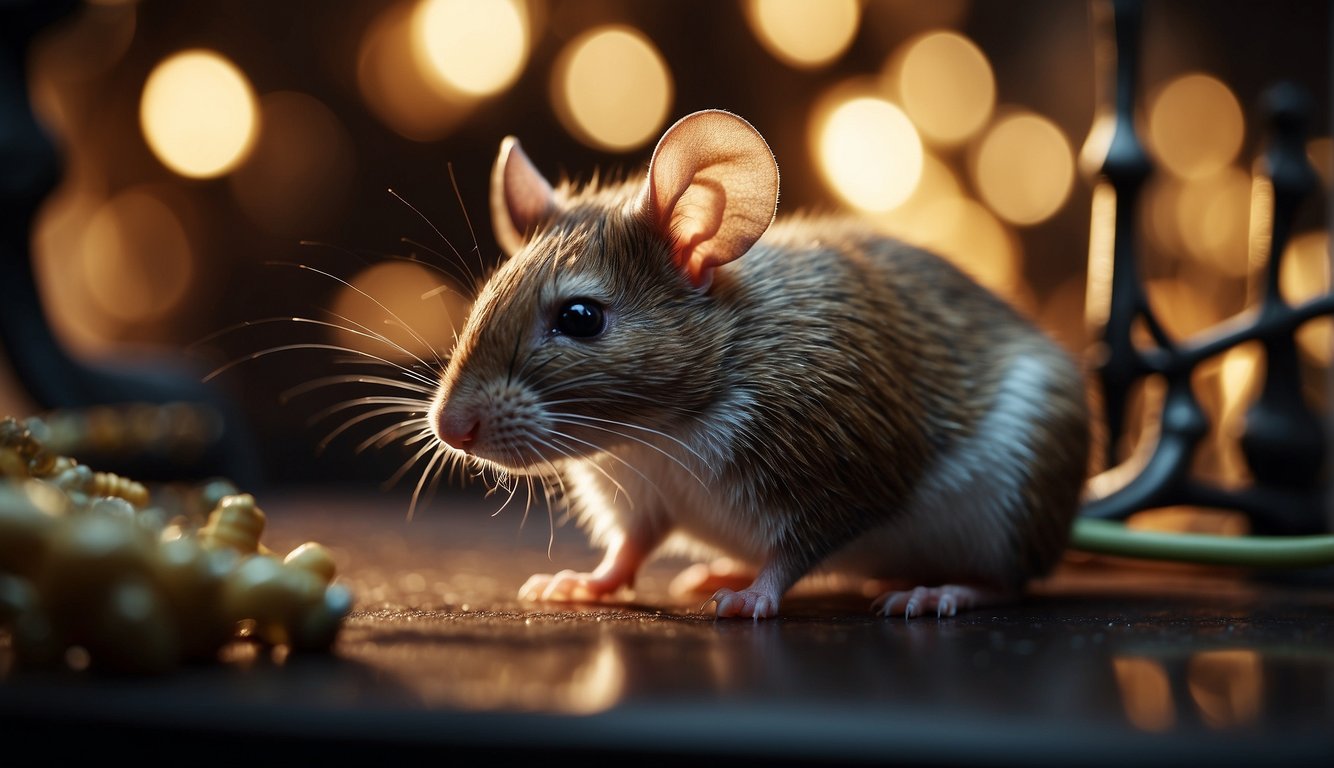 A mouse with long, delicate whiskers, surrounded by various objects for testing sensitivity