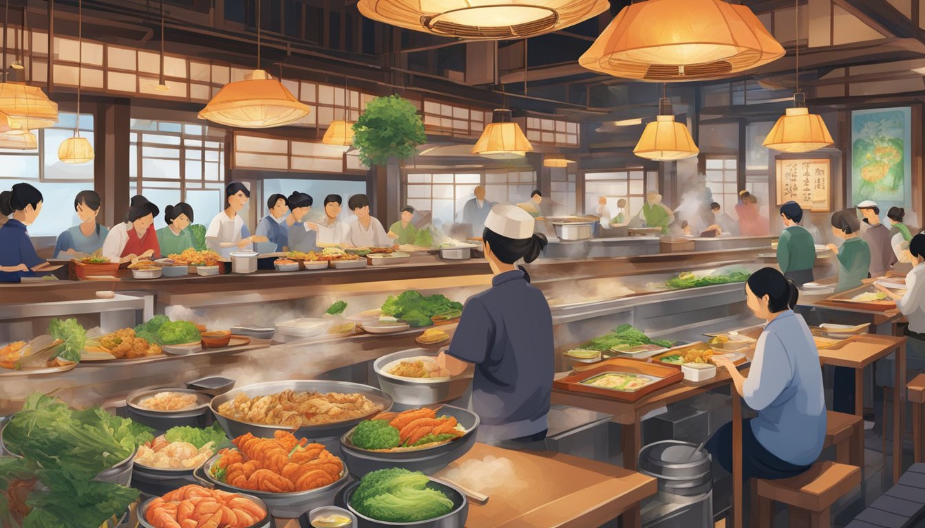 A bustling tempura restaurant with sizzling fryers, a colorful array of fresh seafood and vegetables, and a cozy, traditional Japanese atmosphere
