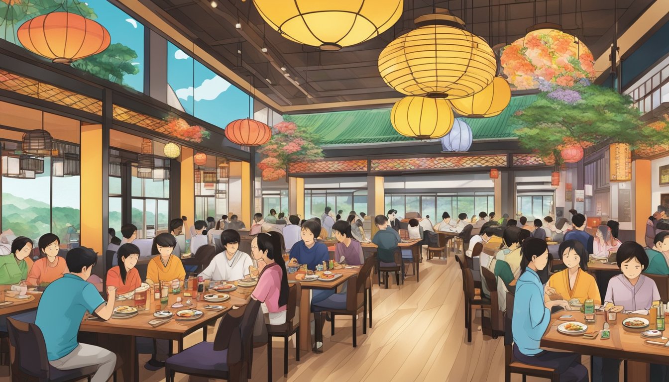 A bustling Japanese restaurant at the star vista mall, with colorful decor and a lively atmosphere. Customers enjoy sushi, sashimi, and other traditional dishes