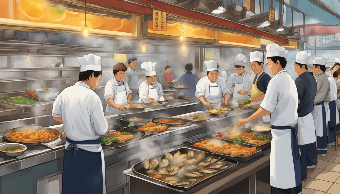 A bustling tempura restaurant with sizzling hot oil, chefs expertly frying up a variety of seafood and vegetables, while customers eagerly await their crispy, golden dishes