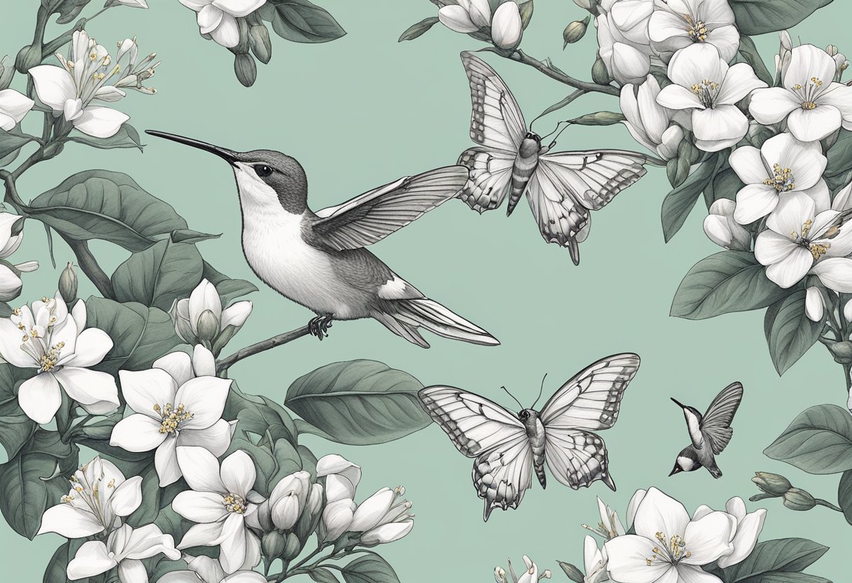 A blooming jasmine plant surrounded by butterflies and hummingbirds. A soft breeze carries the sweet scent of the flowers, evoking feelings of purity, grace, and elegance