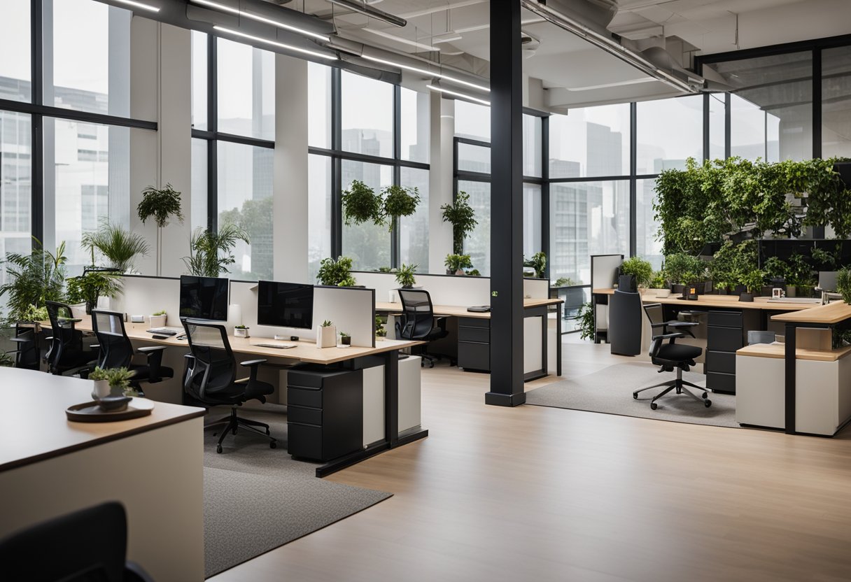 A modern small office building with open floor plan, natural lighting, and flexible workspaces. Incorporating greenery, ergonomic furniture, and technology integration