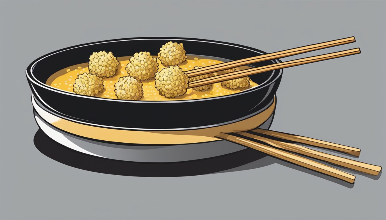A sizzling hot pot of oil bubbles as tempura ingredients are dipped and fried, creating a golden crispy coating. The chef expertly maneuvers the chopsticks, carefully flipping each piece to perfection
