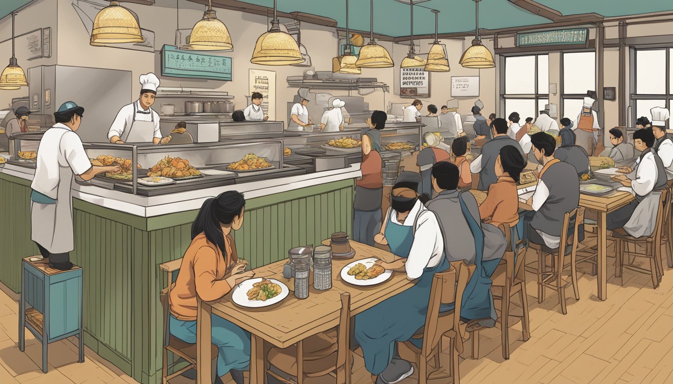 A busy tempura restaurant with customers at tables, chefs frying tempura at the open kitchen, and a sign displaying "Frequently Asked Questions" prominently