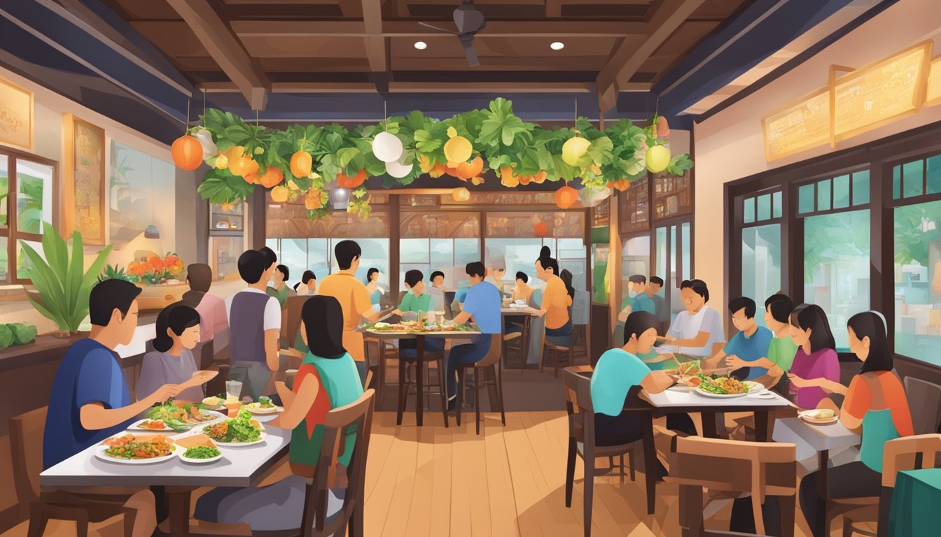 A bustling Thai vegetarian restaurant in Singapore, with colorful decor and aromatic dishes being served to happy customers