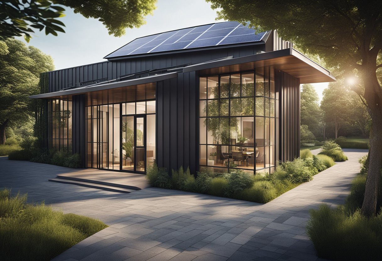A small office building with modern design features and sustainable materials. Solar panels on the roof, greenery around the entrance, and large windows for natural light
