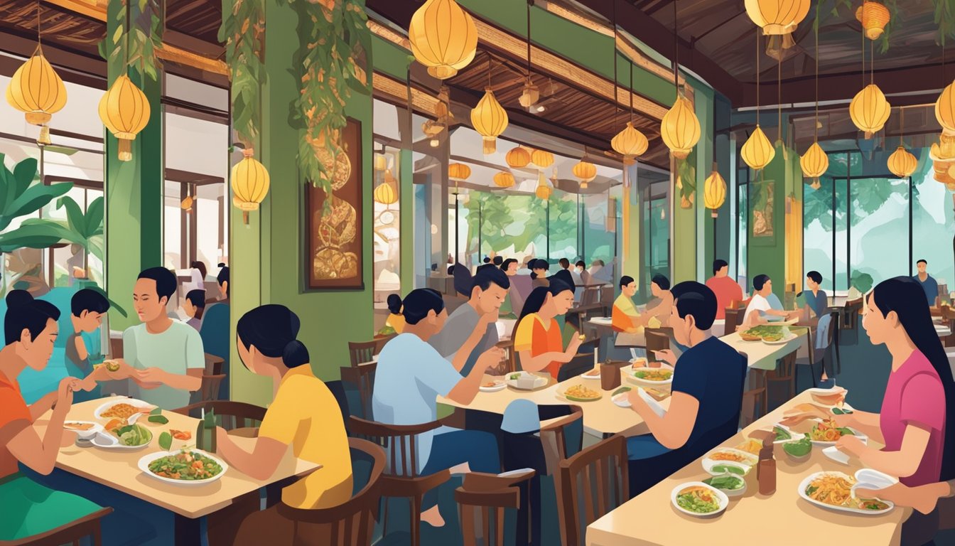 Customers savoring fragrant Thai vegetarian dishes in a bustling Singapore restaurant