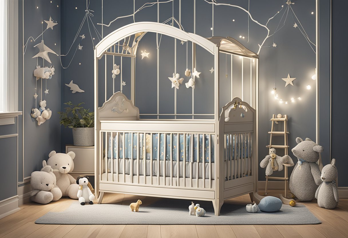 A crib with the name "Jensen" embroidered on the bedding, surrounded by soft toys and a mobile hanging above