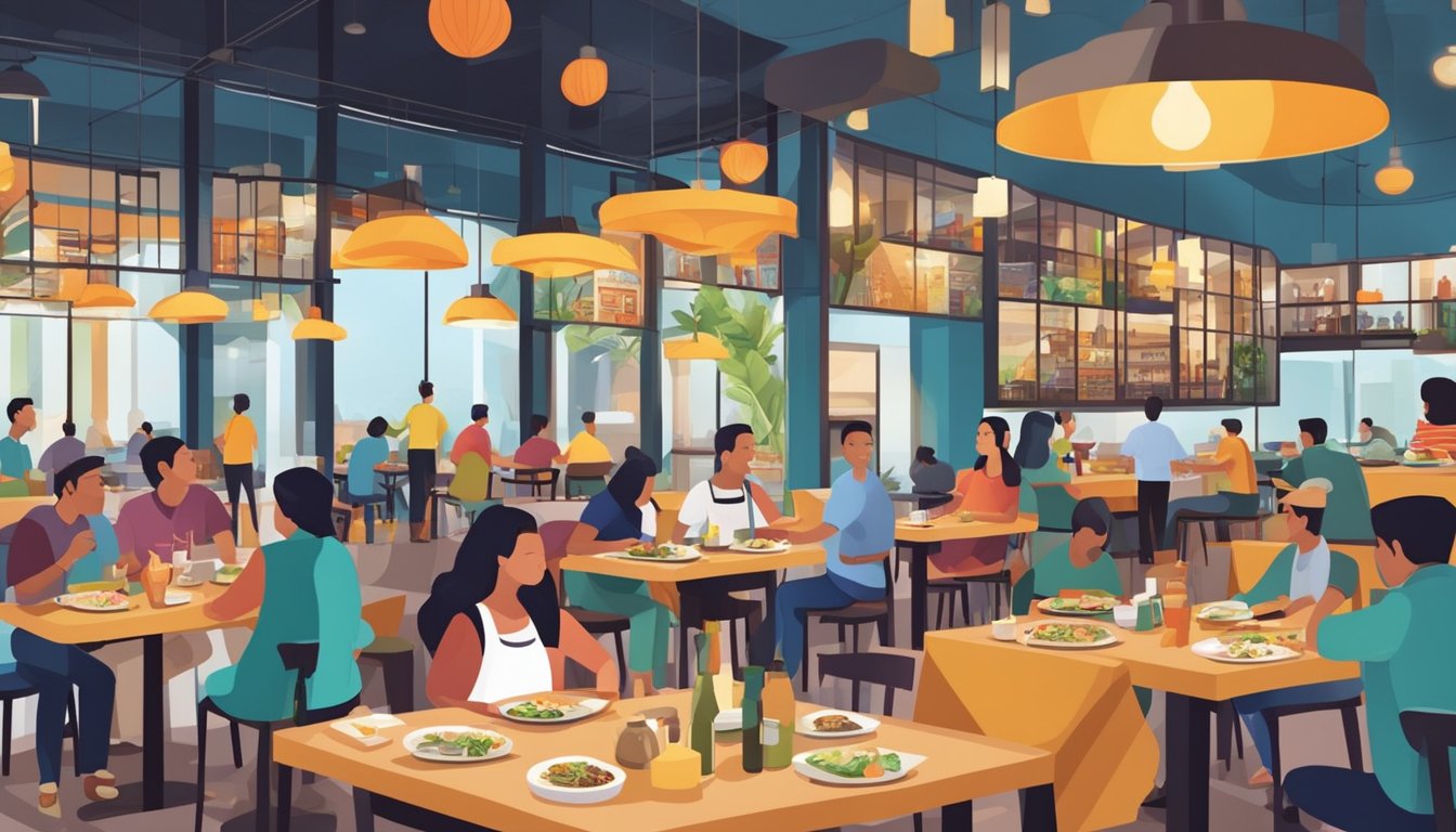 People enjoying diverse cuisines at Shah Alam's bustling restaurants. A variety of dishes on tables, chefs cooking in open kitchens, and vibrant decor