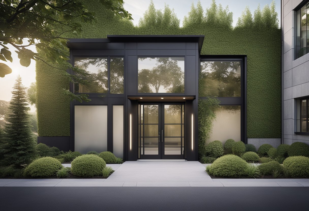 A modern, minimalist small office building with sleek lines, large windows, and a welcoming entrance. Surrounding landscaping includes greenery and a well-maintained exterior