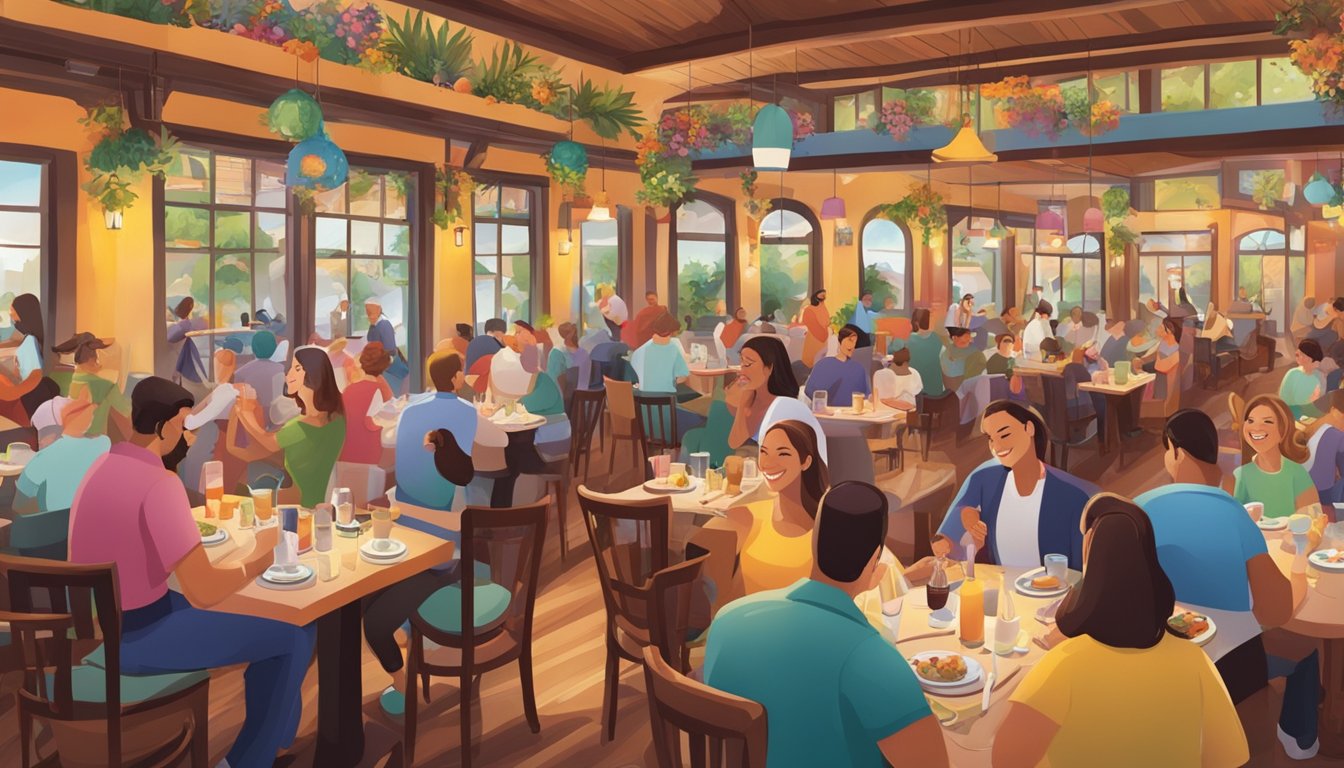 The bustling restaurant features colorful decor, lively music, and delicious aromas filling the air. Tables are filled with smiling patrons enjoying their meals