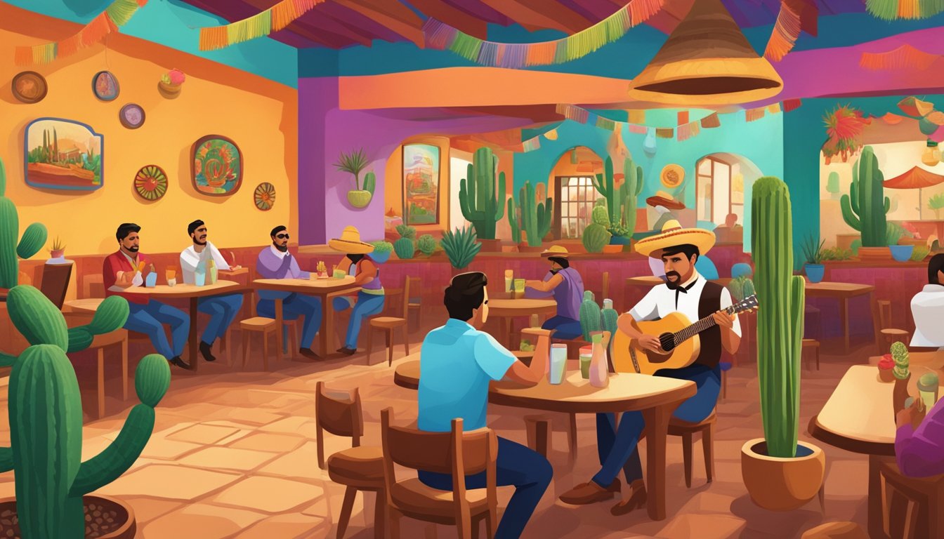 A colorful Mexican restaurant with sombreros on the walls, cacti in the corners, and a lively mariachi band playing in the background