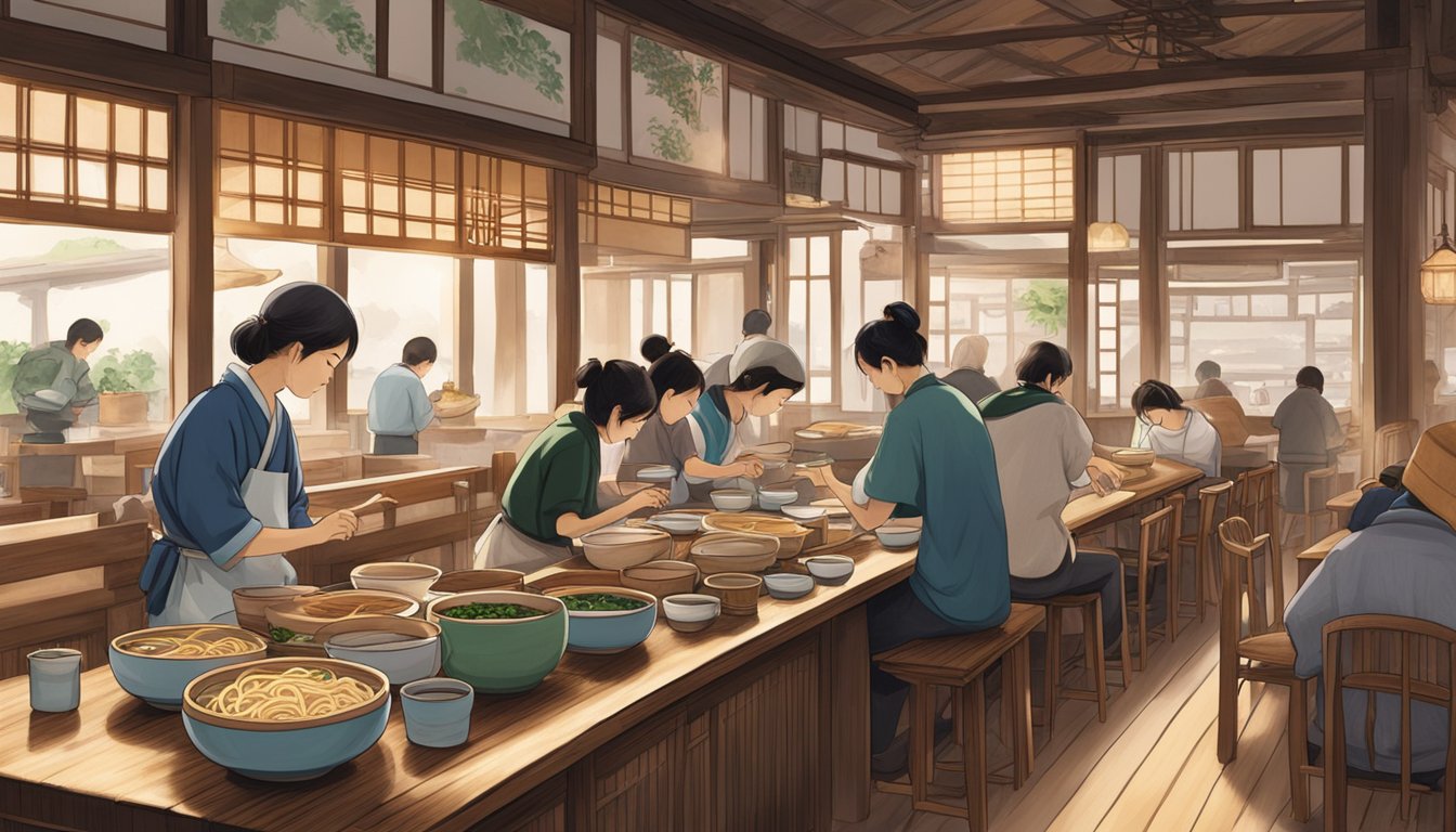 A bustling udon restaurant with steaming bowls, chopsticks, and customers slurping noodles at wooden tables