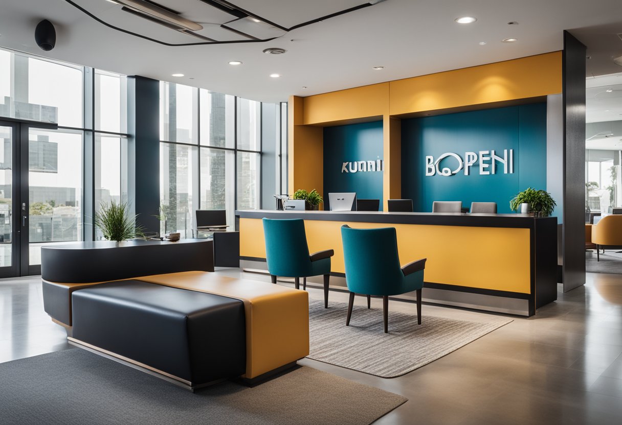 A modern reception area with sleek furniture, a welcoming desk, and a pop of color in the decor. The space is well-lit with natural light and features a minimalist yet functional design