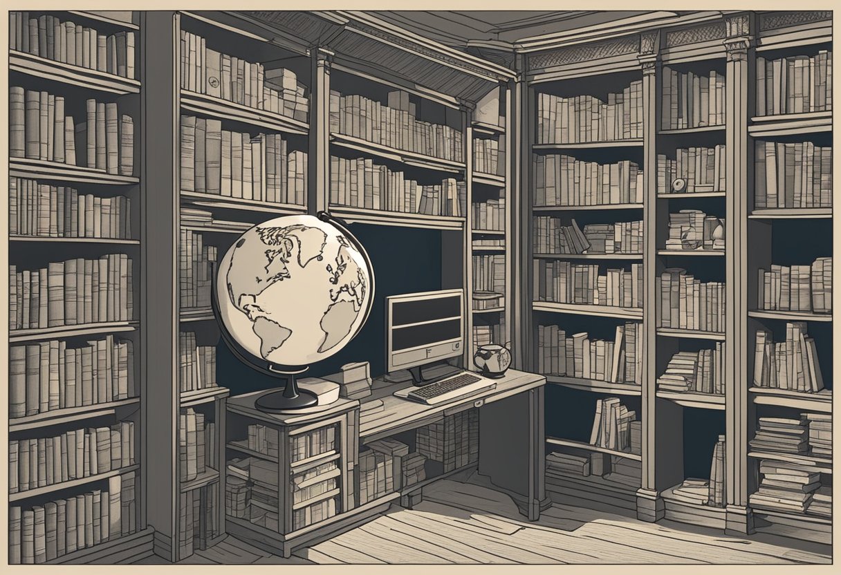 A bookshelf filled with classic literature, a globe, and a map of Denmark. A computer screen displaying famous people named Jensen